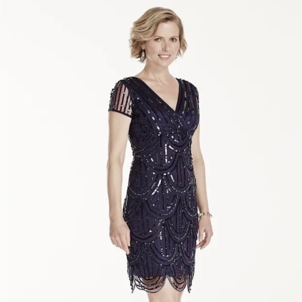 Marina Vintage Style Chandelier Design Sequined Cocktail Dress Navy NWOT 14
